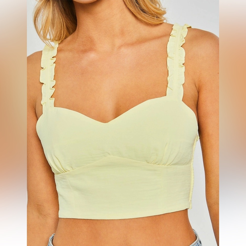 HYFVE Yellow Ruffle Strap Crop Top Women’s Summer Tank Sweetheart Neckline L